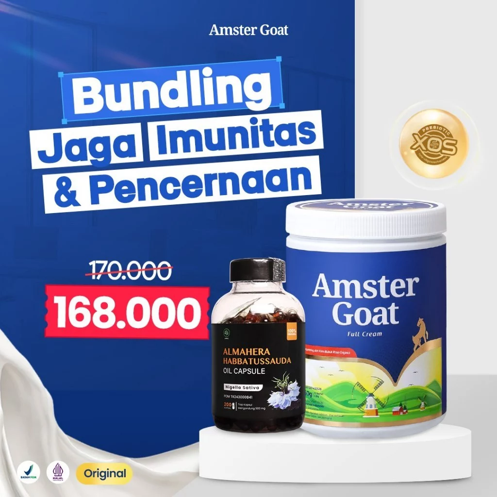 PAKET JAGA IMUNITAS & PENCERNAAN - Susu Kambing Amster Goat Rendah Gula & Habbatussauda Oil Almahera 200 Kapsul